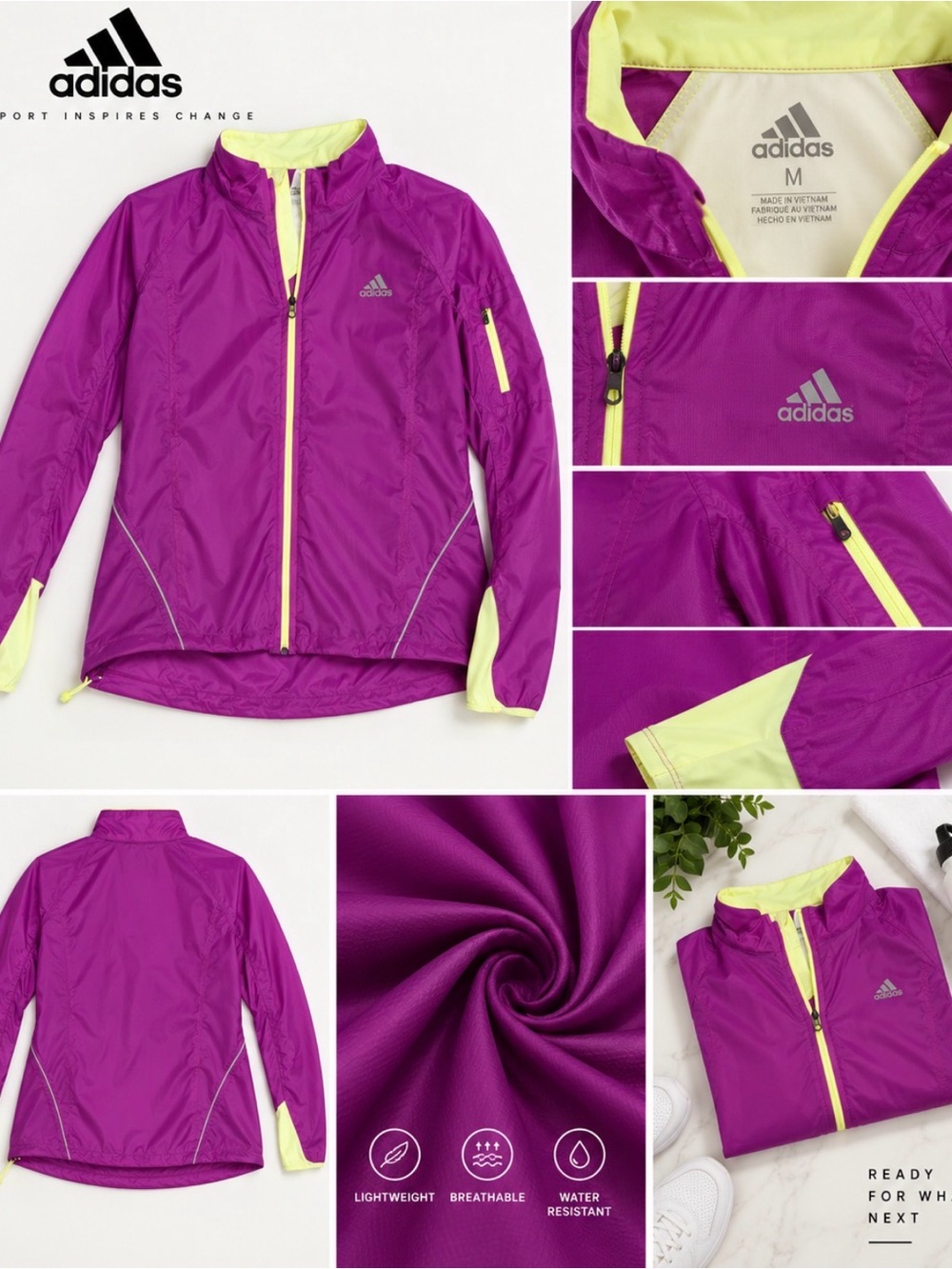 adidas Girls' Purple Rain Jacket with Yellow Trim